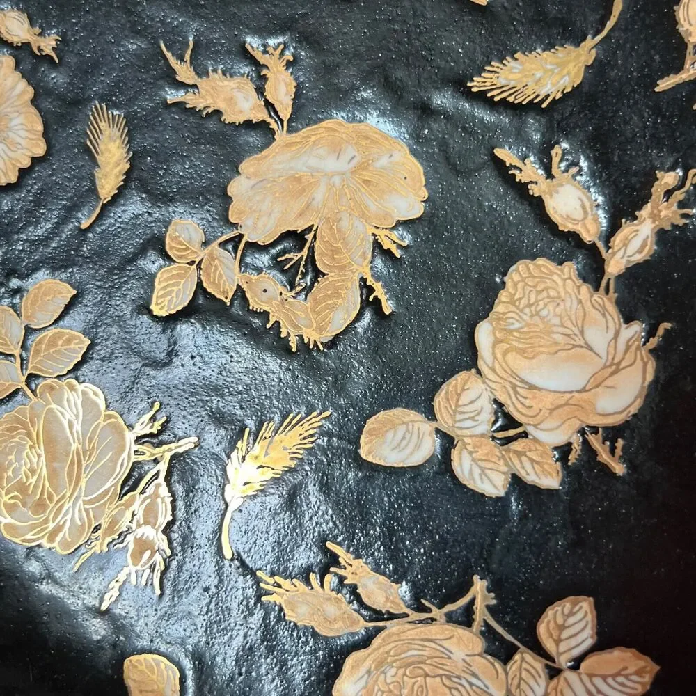 VTG Chinoiserie Polychrome Black‎ Gold Gilt Rose Floral Porcelain Platter Large